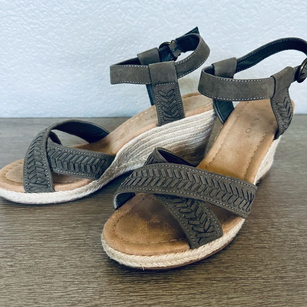 Pesaro Olive Green Suede Braided Wedge Heel Sandals 9